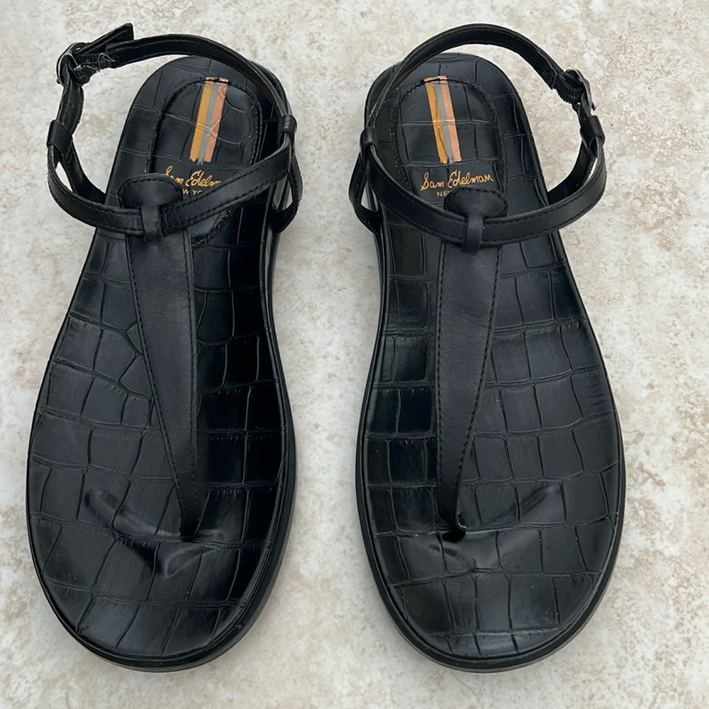 Sam Edelman Naomi Sandals Women's Black Leather Croc T-Strap Thong Size 7 1/2